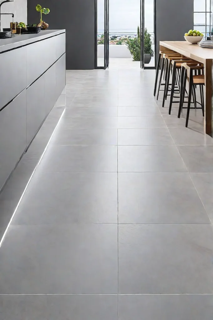 A kitchen with sustainable tile flooring displaying its versatility and environmental benefits