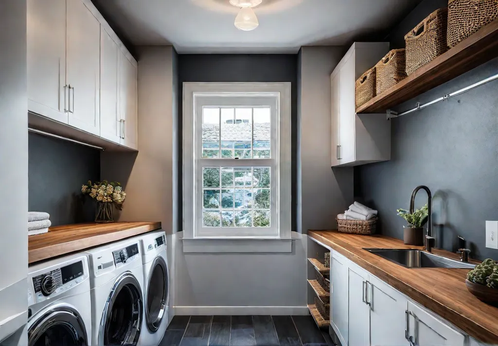 A laundry room with ample storage featuring wallmounted shelves underutilized space abovefeat