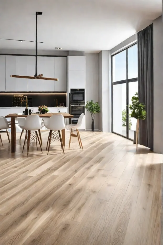 A lightfilled kitchen featuring laminate flooring that beautifully replicates the appearance of