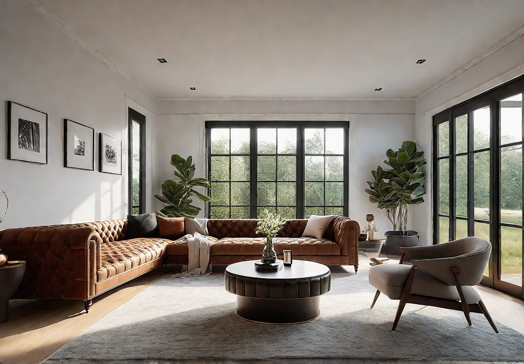 A living room bathed in warm sunlight featuring a tufted Chesterfield sofafeat
