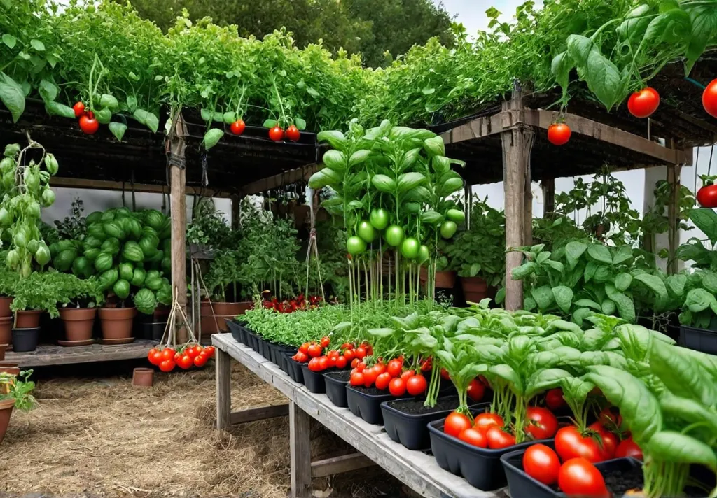 A lush vegetable garden featuring a vibrant arrangement of tomato plants intertwinedfeat