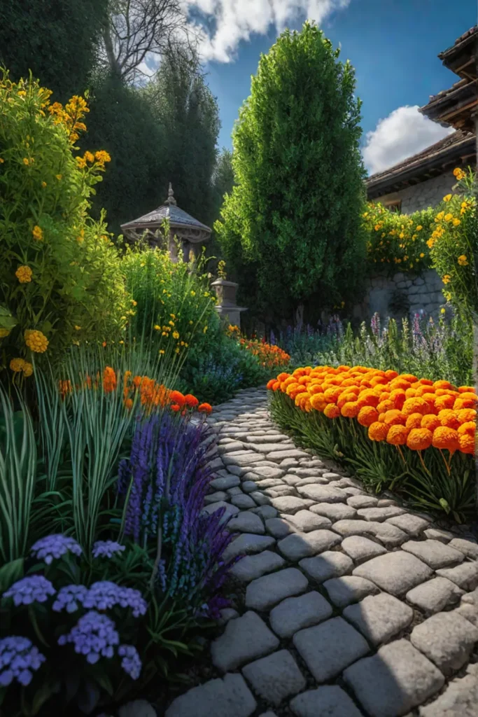 A lush vegetable garden with marigolds strategically planted throughout creating a visually