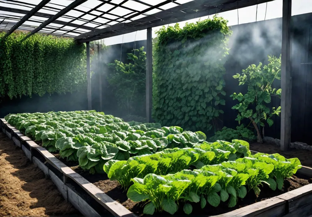 A lush vegetable garden with tall trellises supporting vining vegetables maximizing sunlightfeat