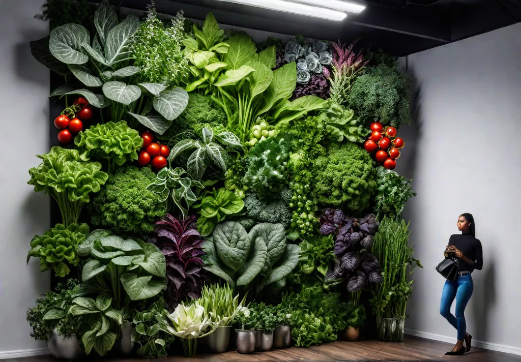 A lush vertical vegetable garden adorning a wall featuring a variety offeat