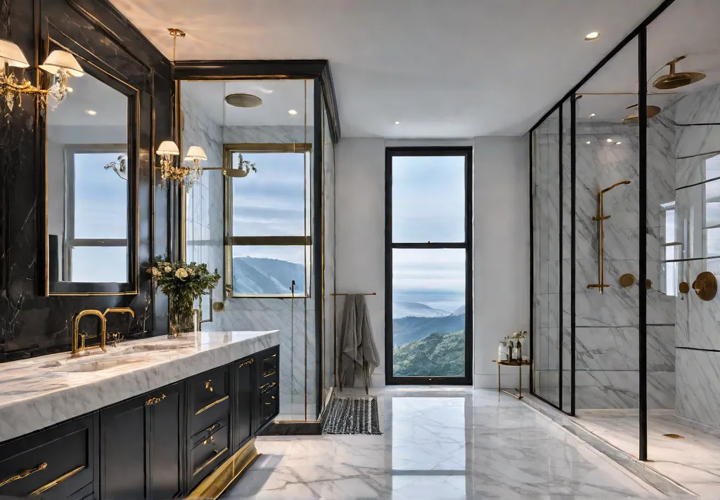 A luxurious and spacious small bathroom with marble countertops brass hardware andfeat