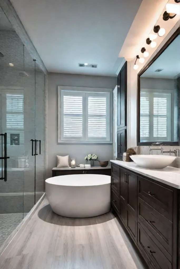 A luxurious bathroom featuring a freestanding tub a walkin shower a custom