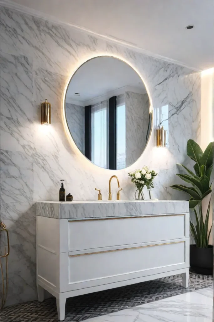 A luxurious bathroom with marble elements featuring a white vanity with storage