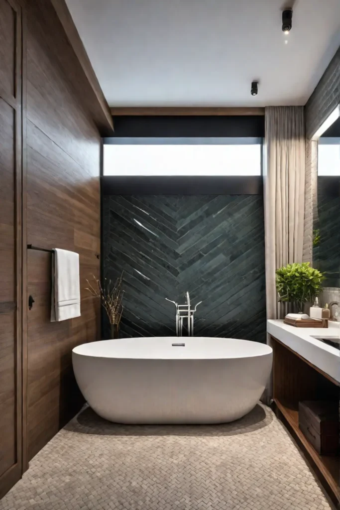 A luxurious small bathroom with natural stone tiles in a herringbone pattern
