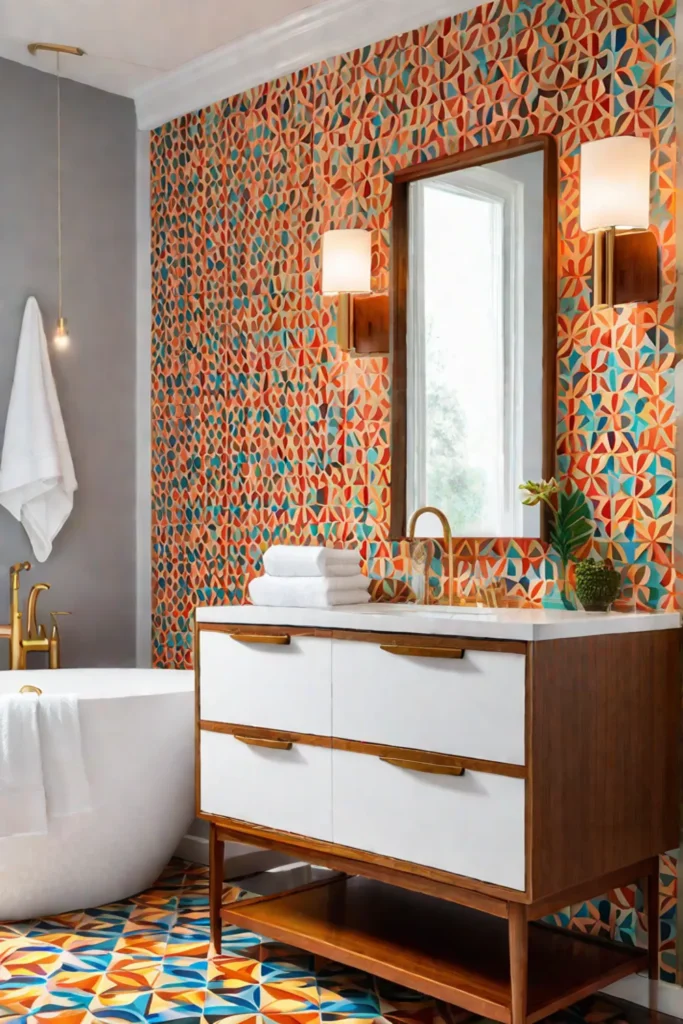 A midcentury modern bathroom with geometric wallpaper a teak vanity with storage