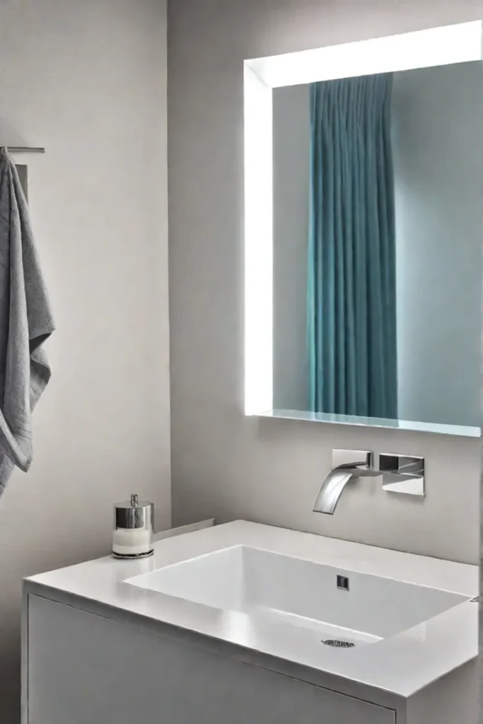 A minimalist bathroom with a large rectangular mirror