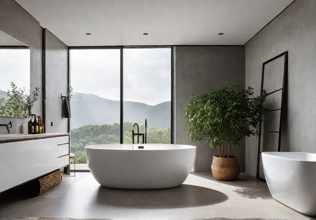 A minimalist bathroom with clean lines neutral colors and a freestanding tubfeat