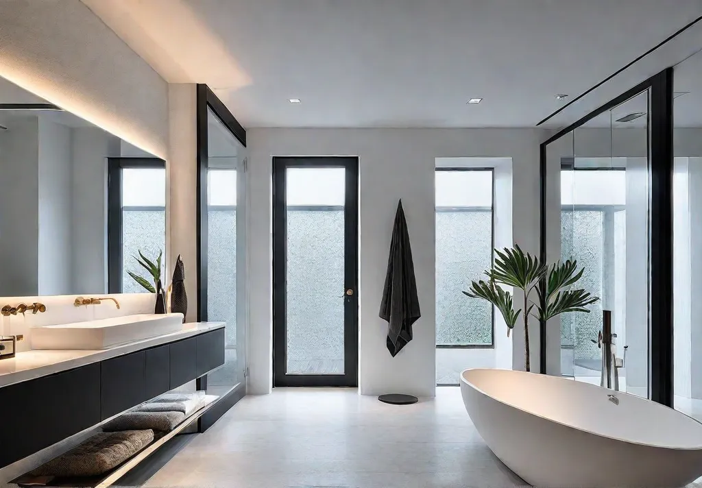 A minimalist modern bathroom with white walls a floating vanity with cleanfeat