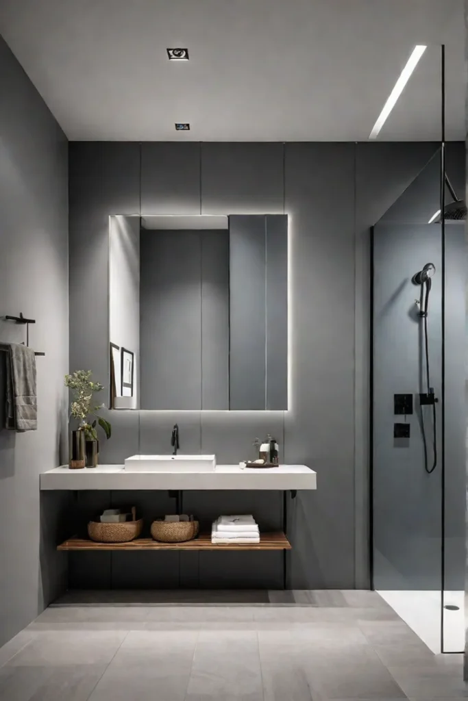A minimalist small bathroom with large textured gray porcelain tiles