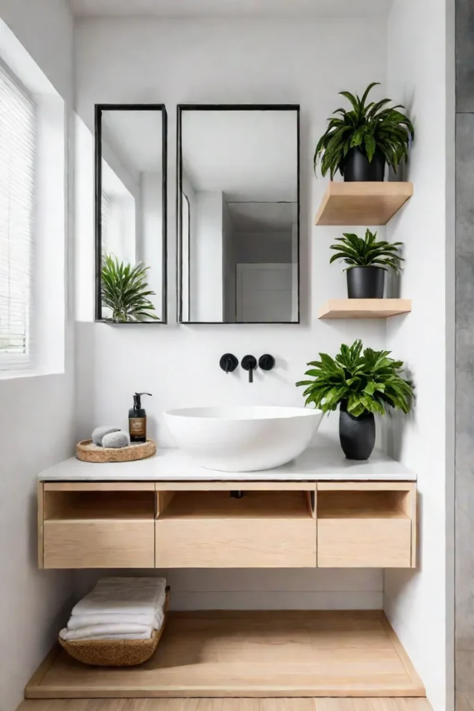 A minimalist small bathroom with white and wood tones featuring a wallmounted
