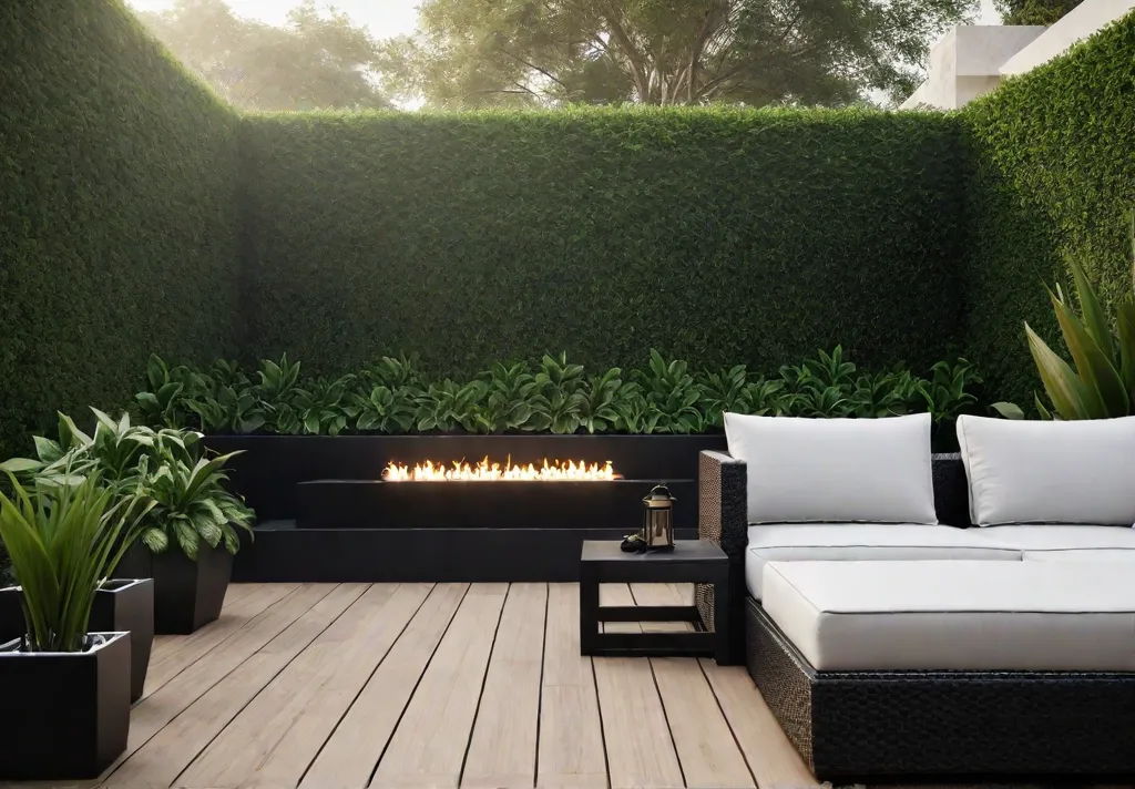A modern backyard patio with clean lines and sleek furniture surrounded byfeat