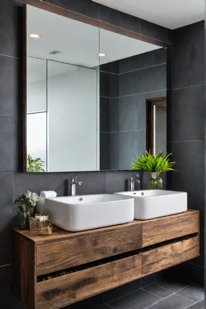 A modern bathroom with a dark wood vanity LEDlit mirror and floating