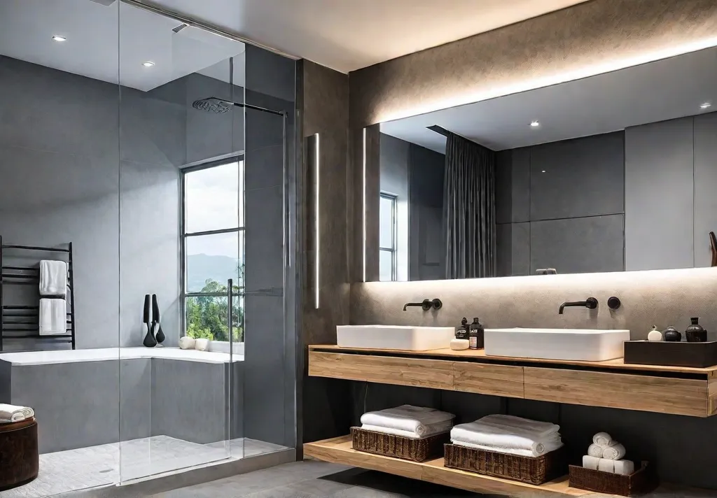 A modern bathroom with a sleek vanity floating shelves and a largefeat