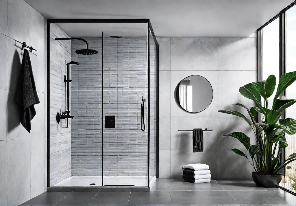 A modern bathroom with a spacious walkin shower featuring a rainfall showerheadfeat