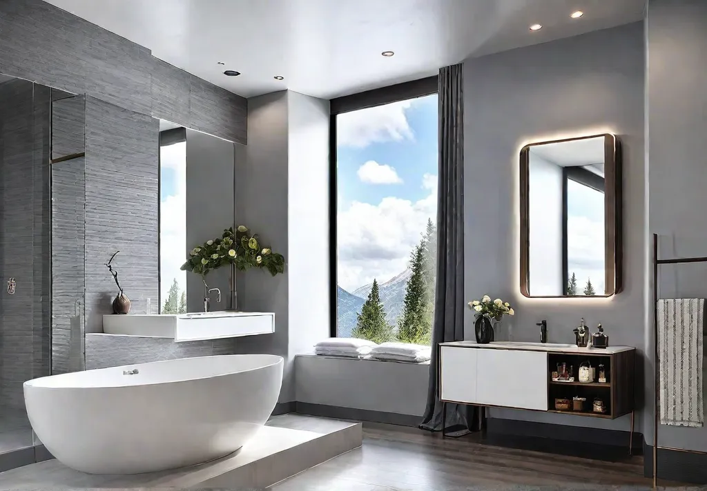A modern bathroom with ample natural light featuring a sleek floating vanityfeat