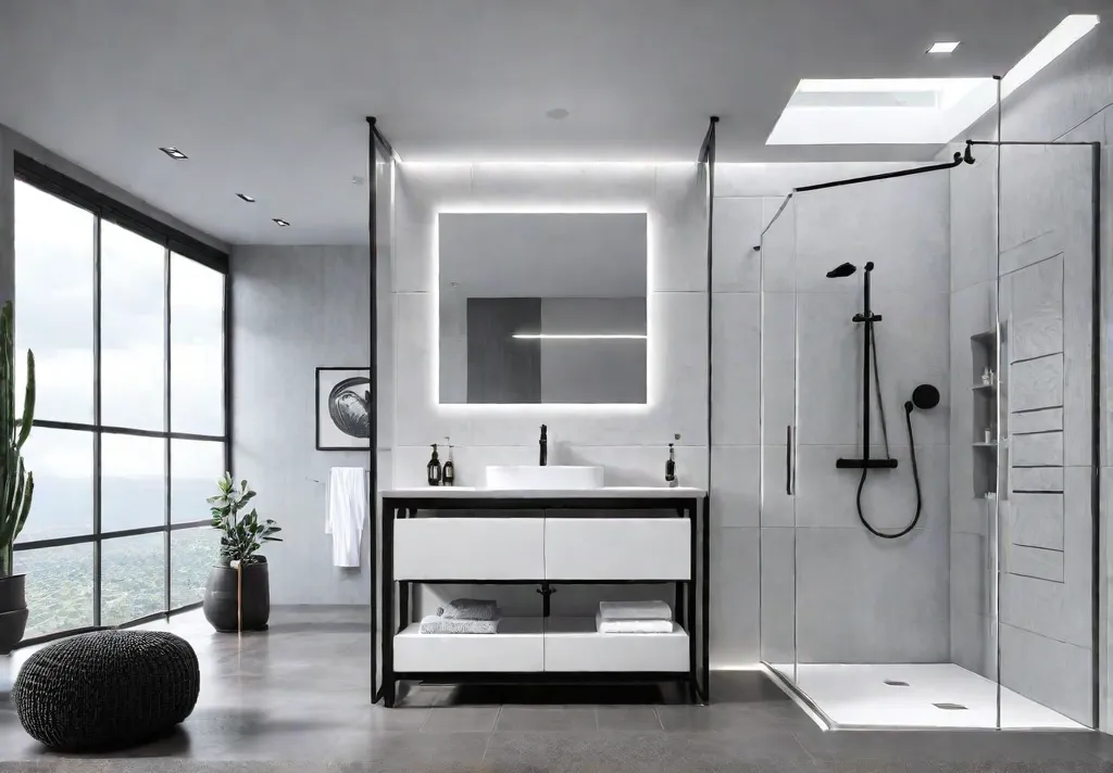 A modern bathroom with sleek white tiles a floating vanity with integratedfeat