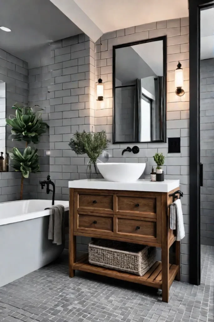 A modern farmhouse small bathroom with white subway tiles and reclaimed wood