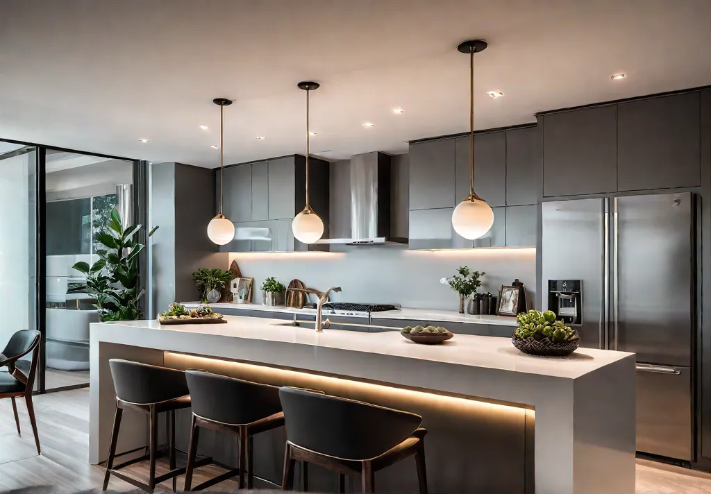 A modern kitchen bathed in soft warm light Sleek pendant lights withfeat