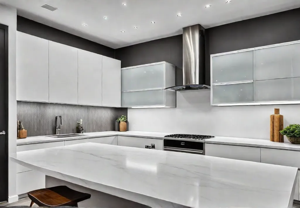 A modern kitchen bathed in warm white LED recessed lighting highlighting sleekfeat