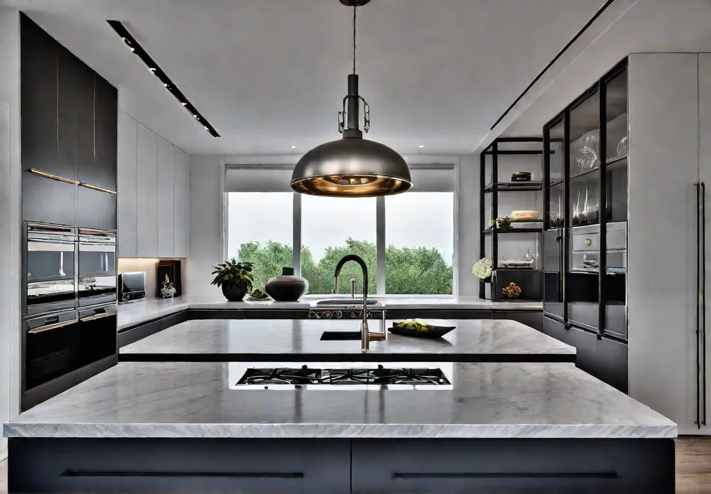 A modern kitchen with a large island featuring a cluster of pendantfeat