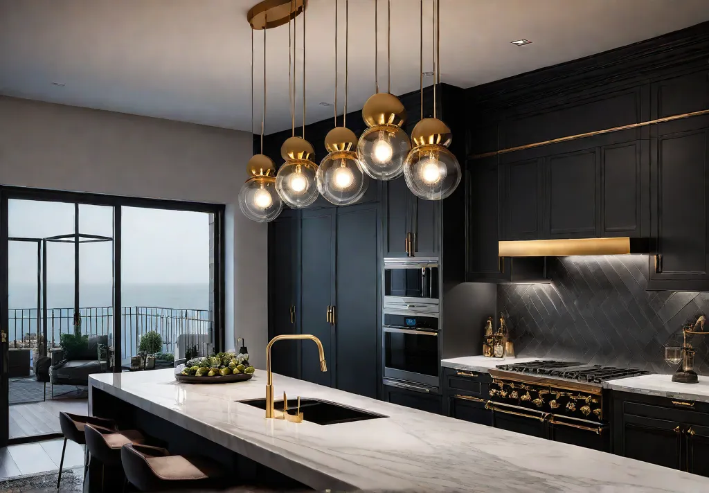 A modern kitchen with a large island featuring a cluster of pendantfeat