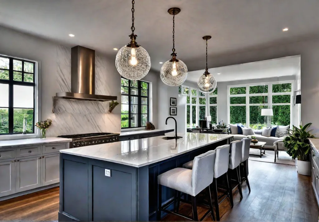 A modern kitchen with a large statementmaking pendant light fixture hanging overfeat