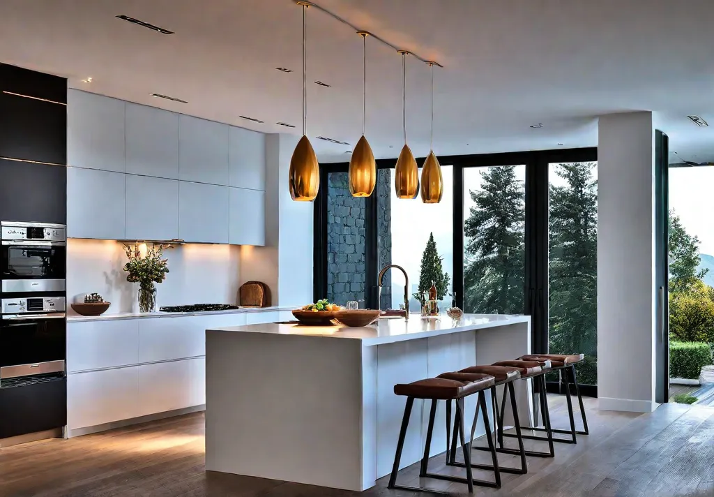 A modern kitchen with a sleek metallic pendant light hanging over afeat