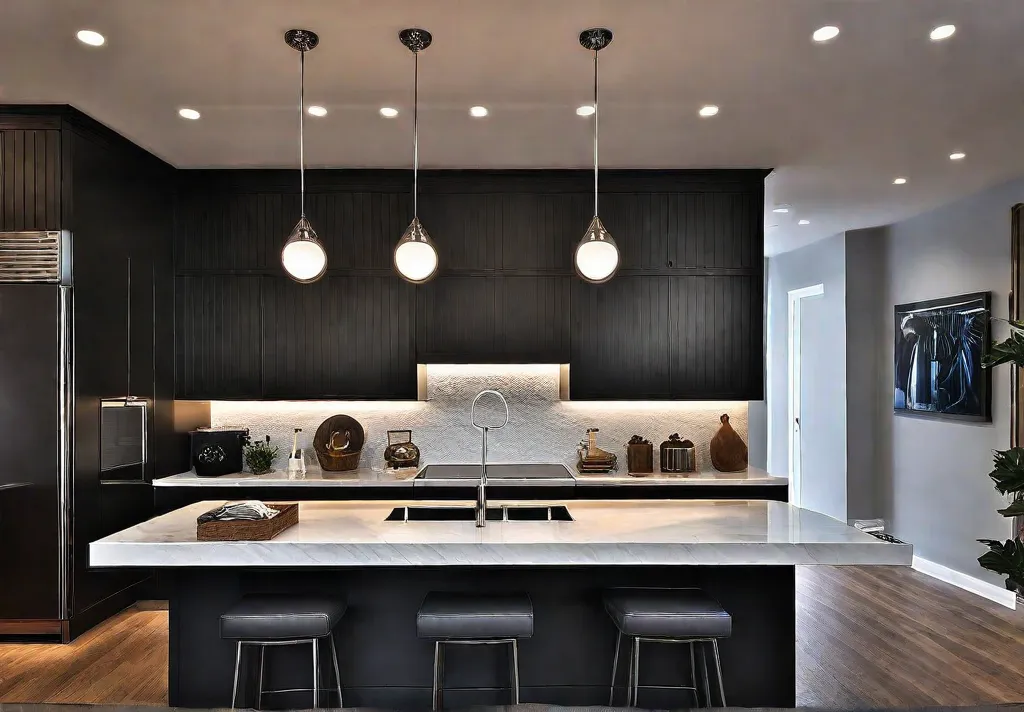 A modern kitchen with a sleek pendant light fixture hanging above afeat