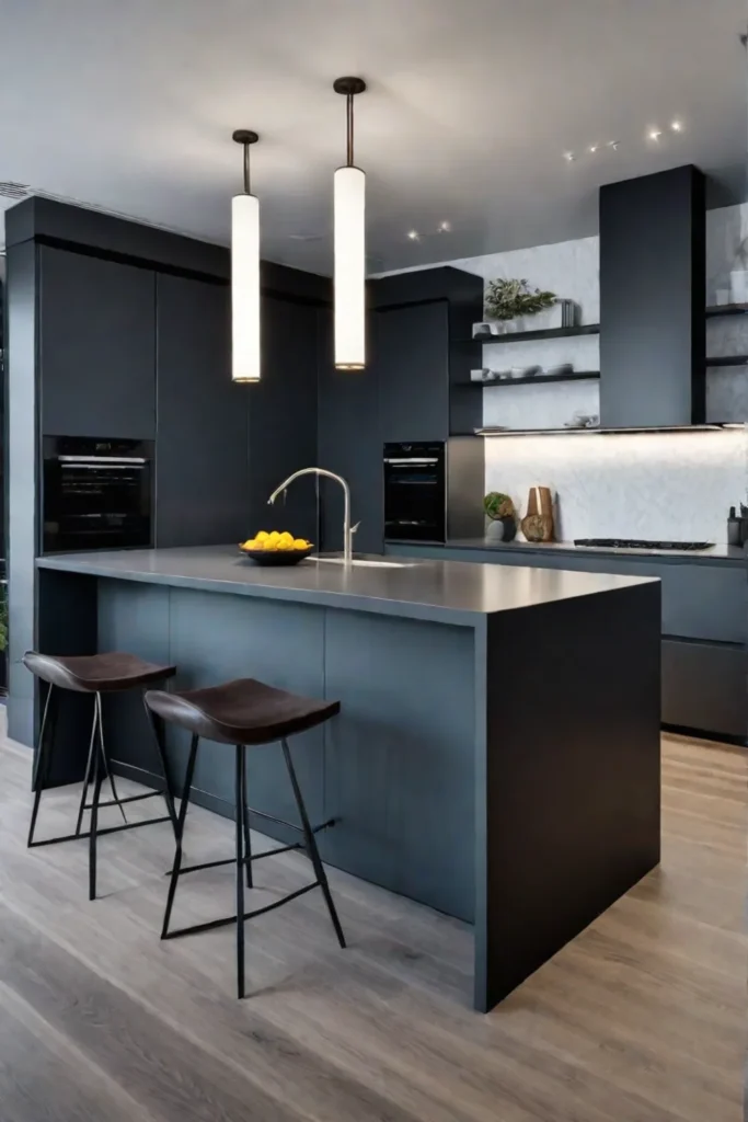 A modern kitchen with dark gray cabinets a waterfall countertop and pendant