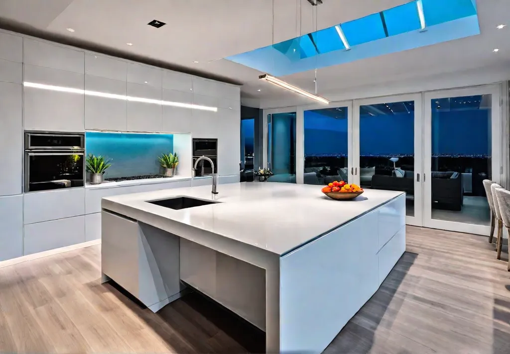 A modern kitchen with sleek white cabinets and stainless steel appliances illuminatedfeat