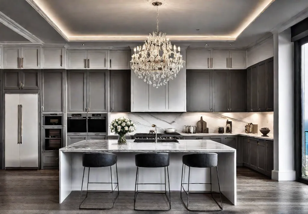 A modern kitchen with sleek white cabinets marble countertops and a statementfeat