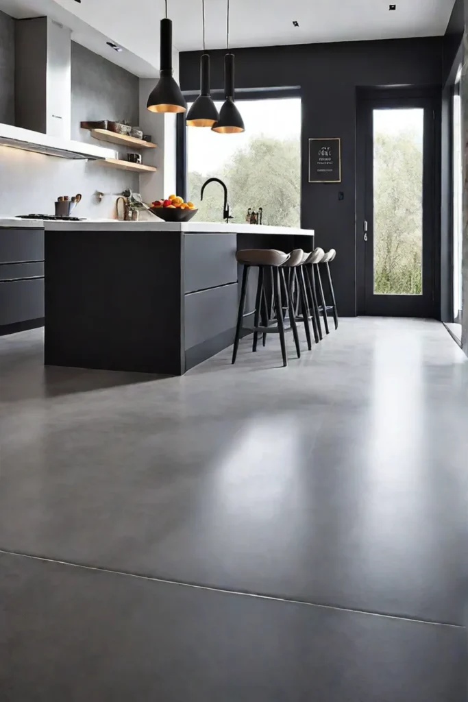 A modern minimalist kitchen with polished concrete flooring creating a sleek and