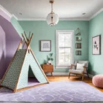 A modern playroom bathed in soft natural light Pastel mint green wallsfeat