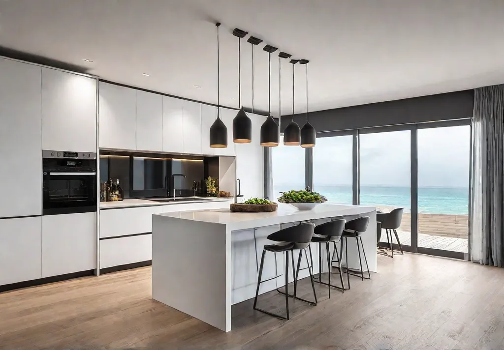 A modern small kitchen bathed in natural light with a compact islandfeat