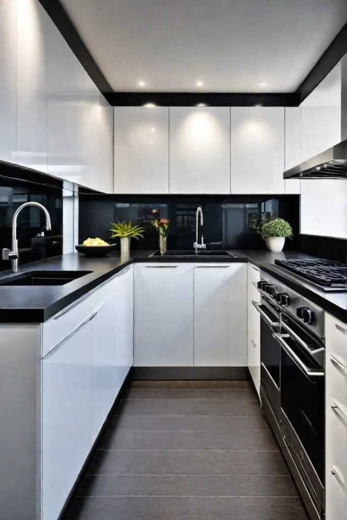 A narrow galley kitchen with a mirrored backsplash to enhance the feeling