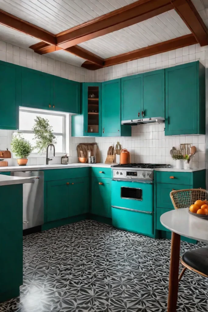 A retroinspired kitchen with linoleum flooring in a bold vibrant pattern midcentury