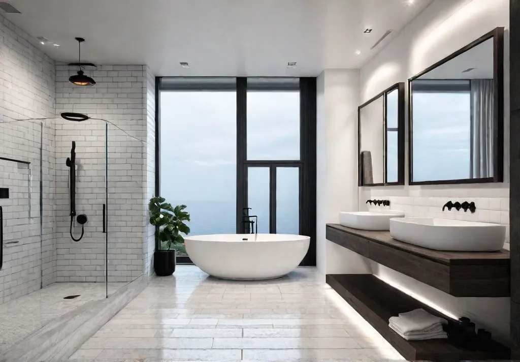A serene and modern bathroom with a minimalist design philosophy White wallsfeat