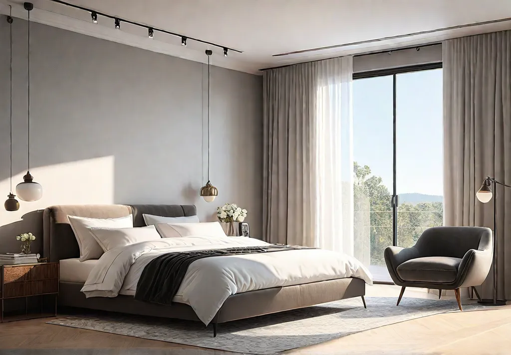 A serene and spacious minimalist bedroom with a soft warm glow fromfeat