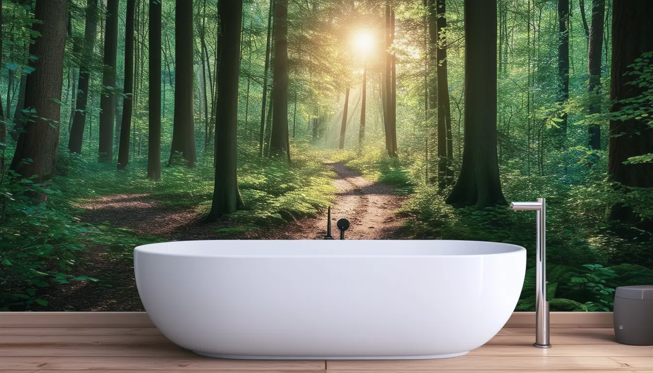 A serene bathroom oasis adorned with a large canvas print of a tranquil forest scene
