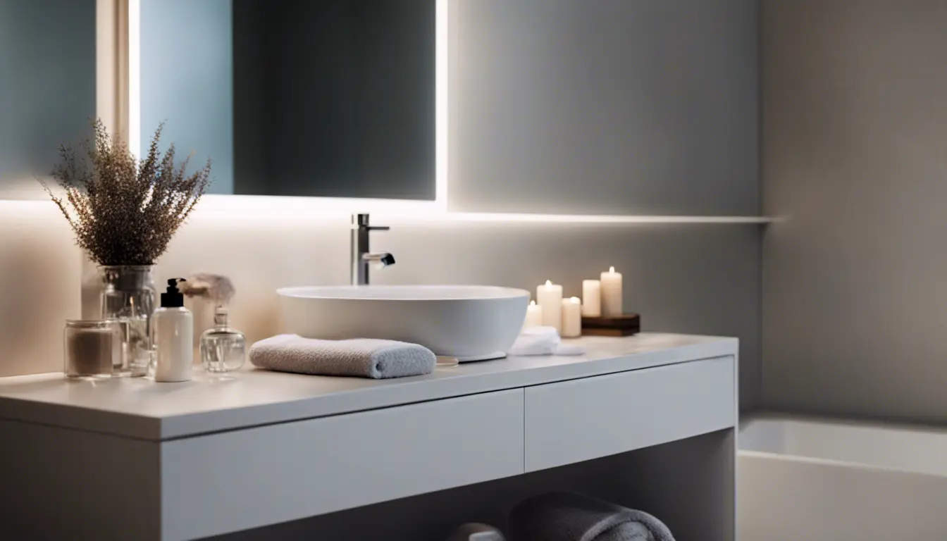 A serene bathroom with a minimalist white vanity featuring clean lines and hidden drawer storage