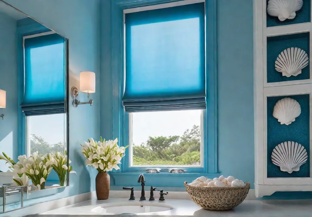 A serene bathroom with calming blue walls adorned with a stenciled patternfeat