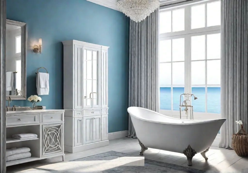 A serene bathroom with soft blue walls adorned with a large canvasfeat