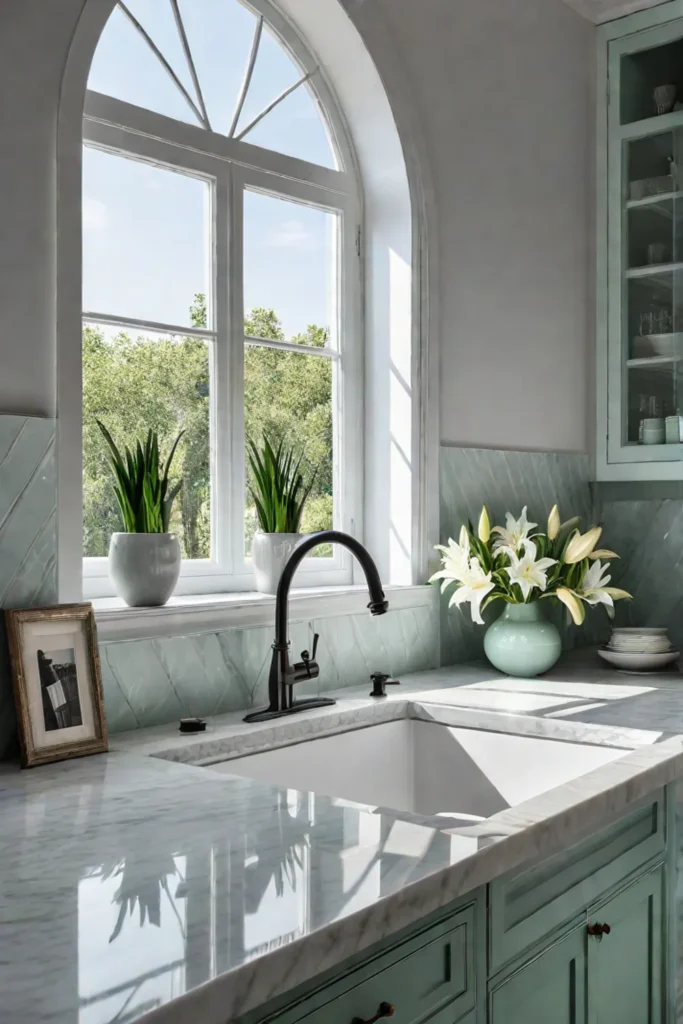 A serene kitchen with seafoam green cabinets and a white marble countertop