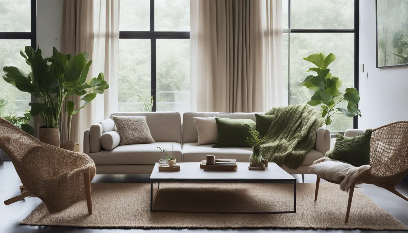 A serene living room bathed in soft, natural light filtering through sheer curtains