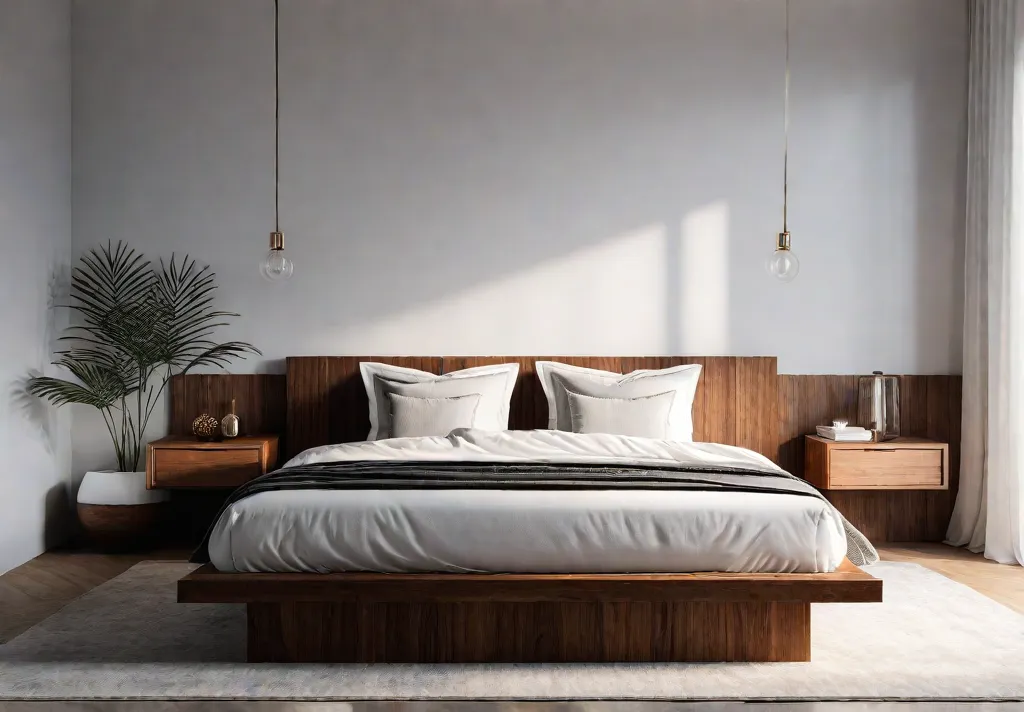 A serene minimalist bedroom with a neutral color palette featuring a woodfeat
