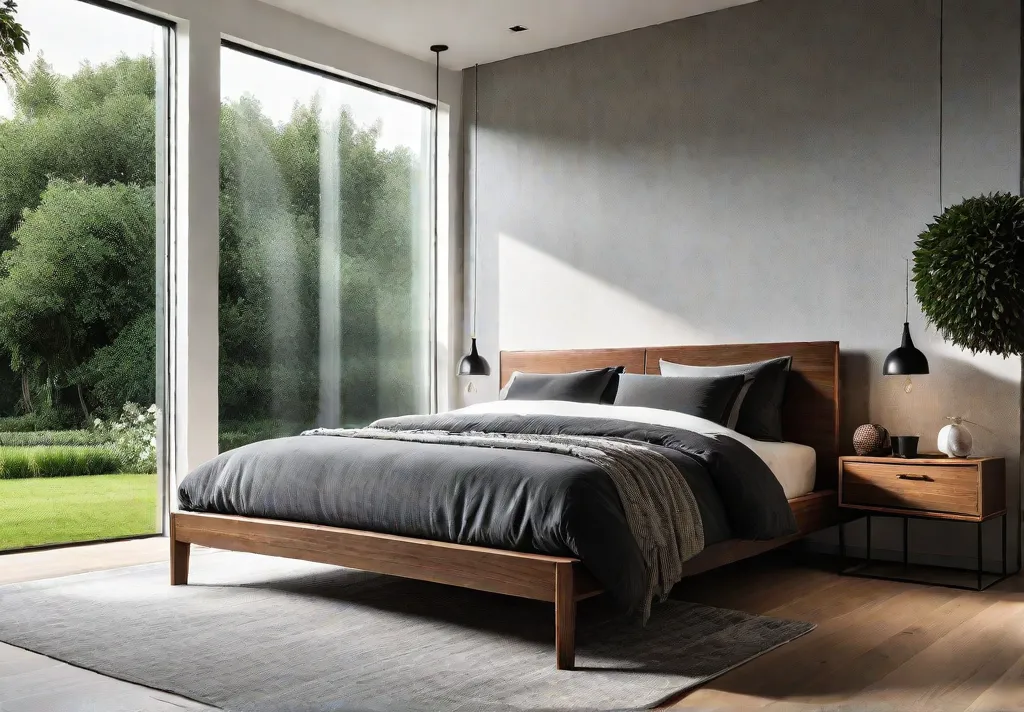 A serene minimalist bedroom with white walls a gray linen headboard afeat